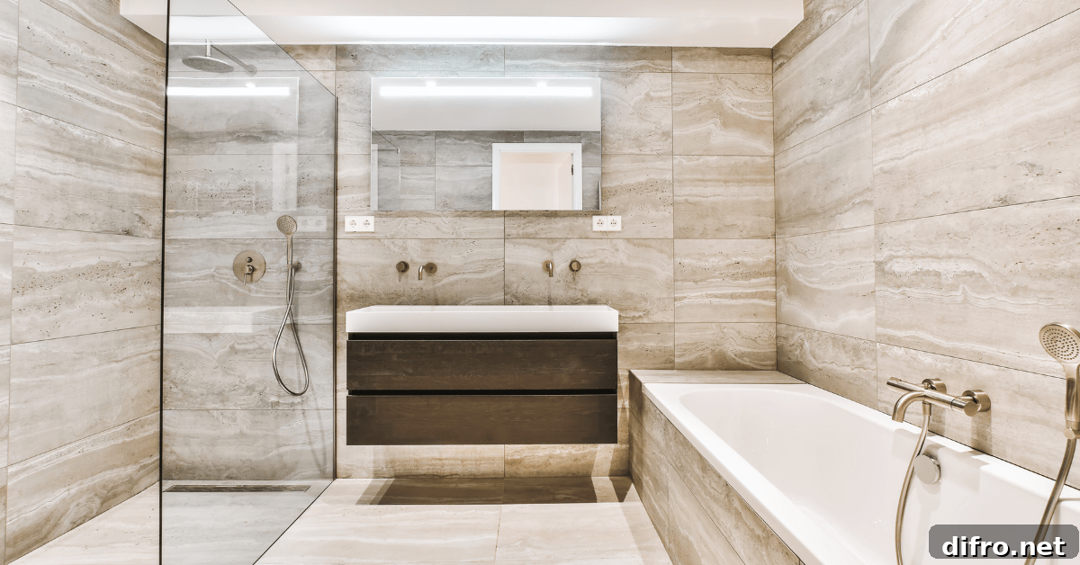 Modern wet room bathroom with large tile flooring and walls.
