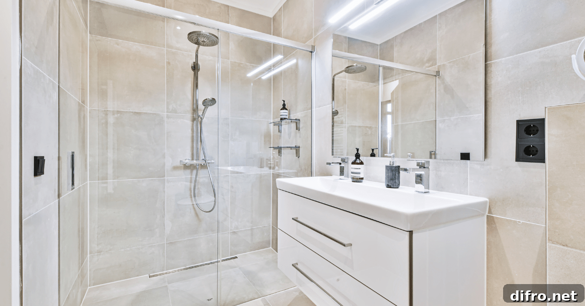 White wet room bathroom with stainless steel fixtures and shower.