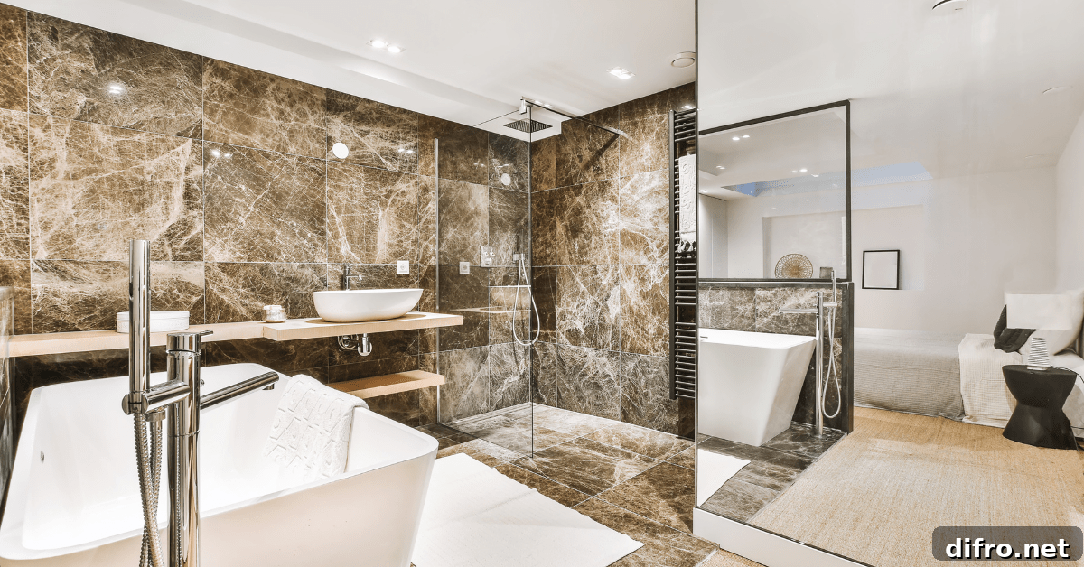 Dark marble wet room bathroom with white vanities.