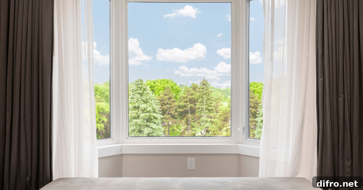 Open bay window curtains with trees outside.
