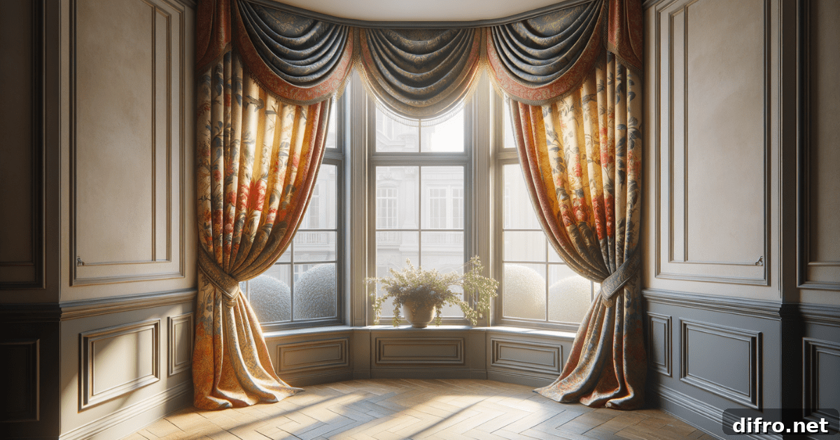 Colorful bay window curtains with patterns.