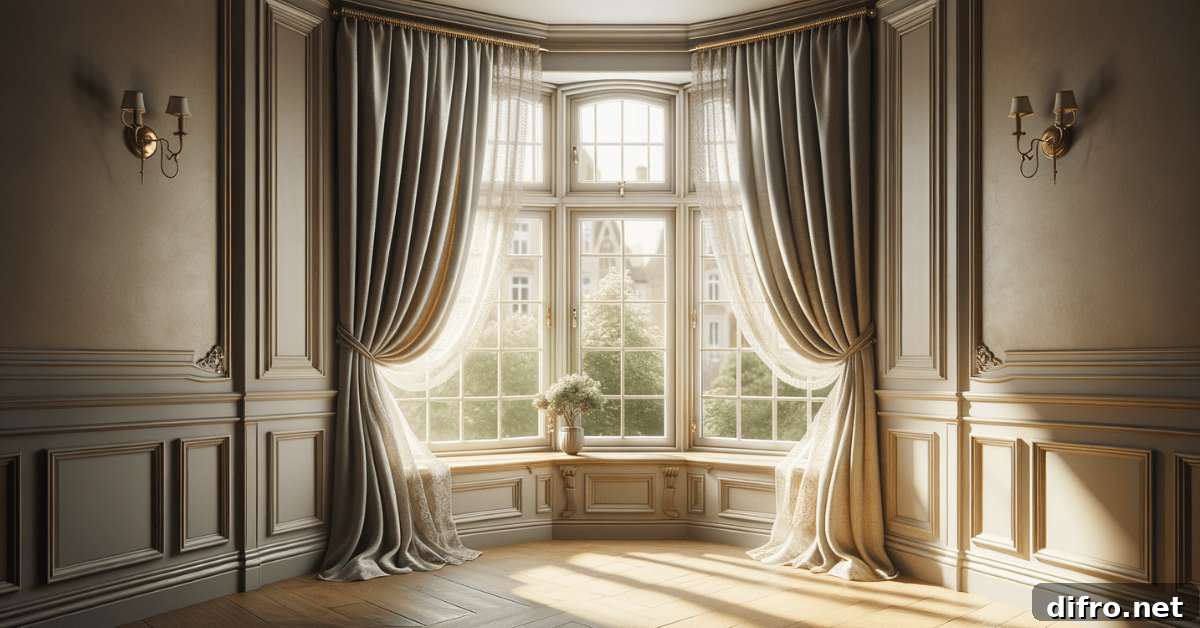 Bay window with curtains and sheer curtains.