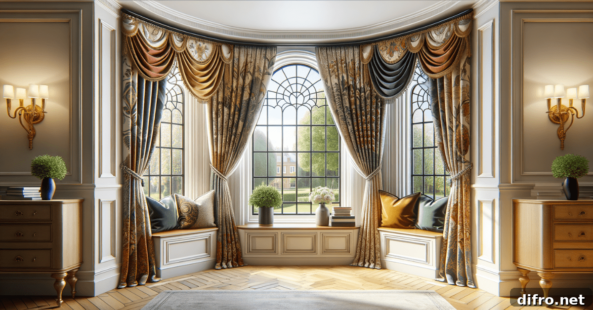 Bay window curtains with patterns and unique colors.