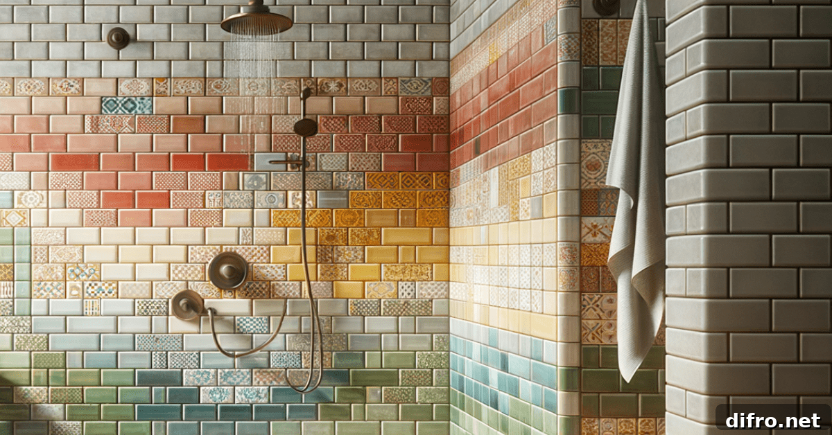 Multi-color subway tile shower with modern fixtures.