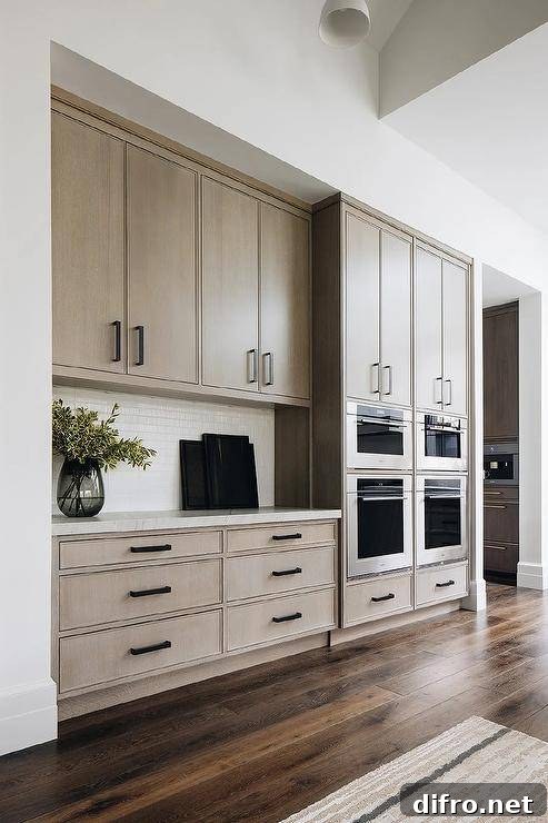 Glossy white stacked backsplash tiles are flanked by brown kitchen cabinets adorned with black hardware.