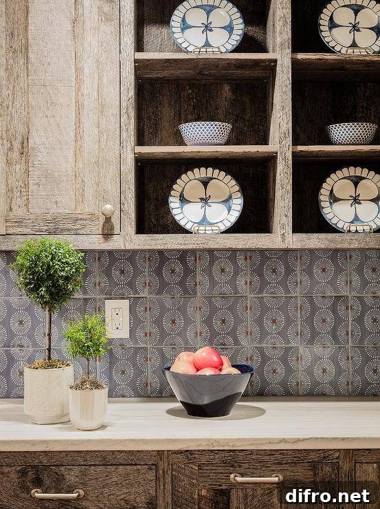 Brass hardware complements rustic kitchen cabinets fixed against white and gray mosaic tiles beneath reclaimed wood shelves.
