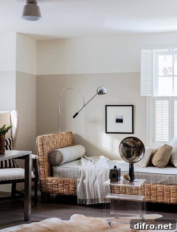 Home office with natural woven accents, gray ticking stripe cushions and a white desk chair beside a slatted wood desk.