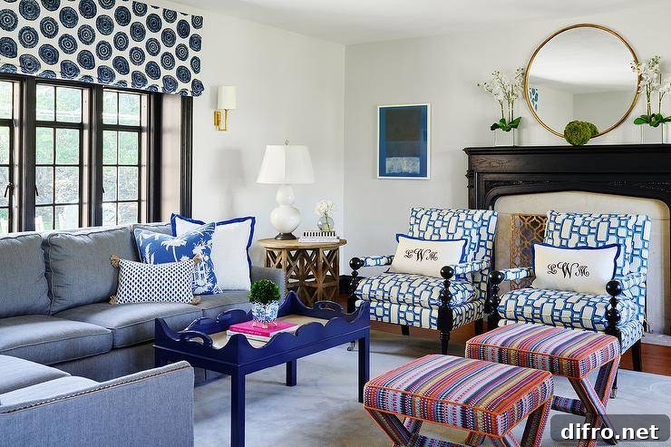 Contemporary living space combining mixed patterns, color schemes, and varied furnishings.