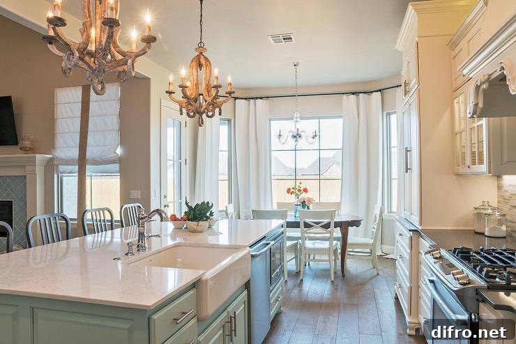 Kitchen with statement lighting over a green island, pairing farmhouse and modern elements.