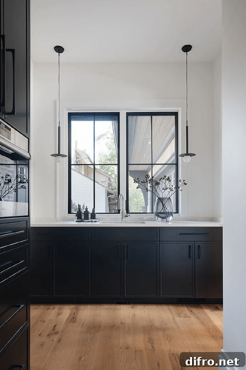 Butler's pantry with black cabinets, white marble countertop and matte black pulls.