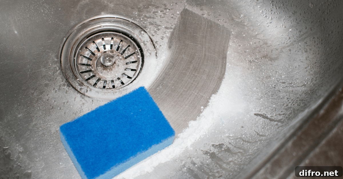Stainless steel sink with a blue sponge and baking soda inside it.