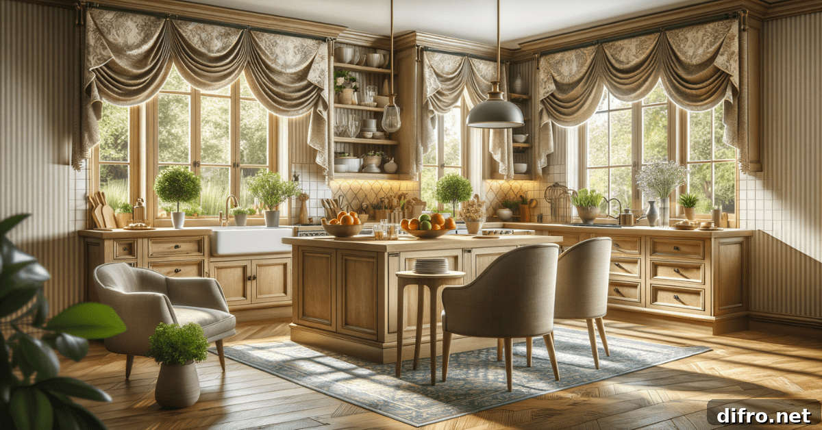 Kitchen with valances on the windows.