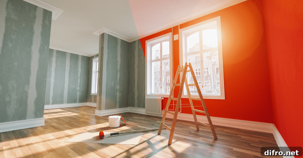 Half painted room with ladder and paint roller in the middle.