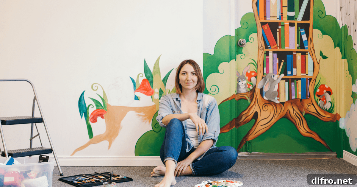 DIY home decor in a kids room, featuring a painted wall with a woman sitting upfront.
