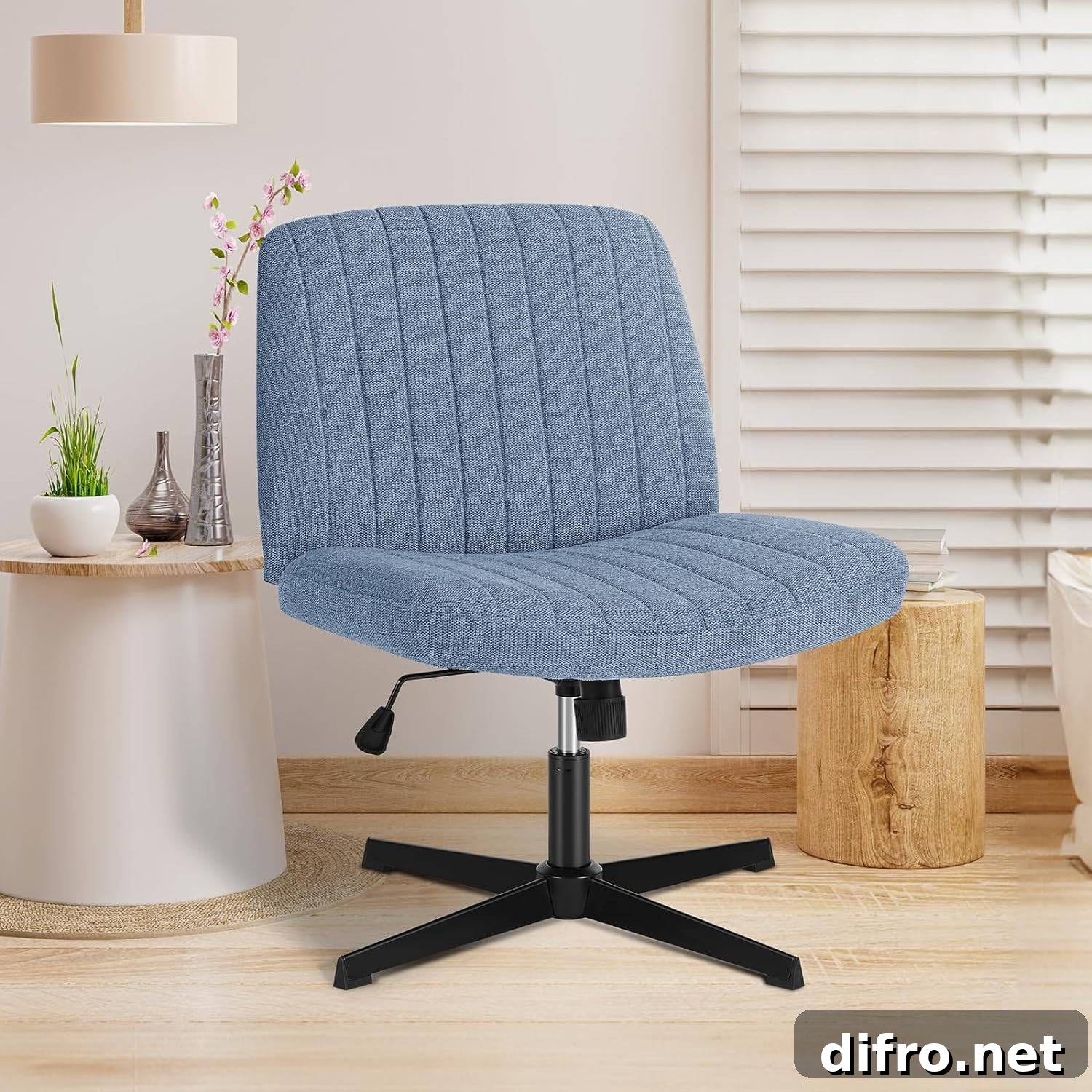 Blue cross-legged office chair in a room with light wooden floors.