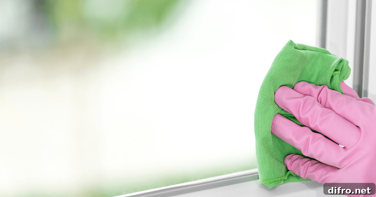 Closeup of person's hand wearing pink gloves using a green microfiber to clean window.