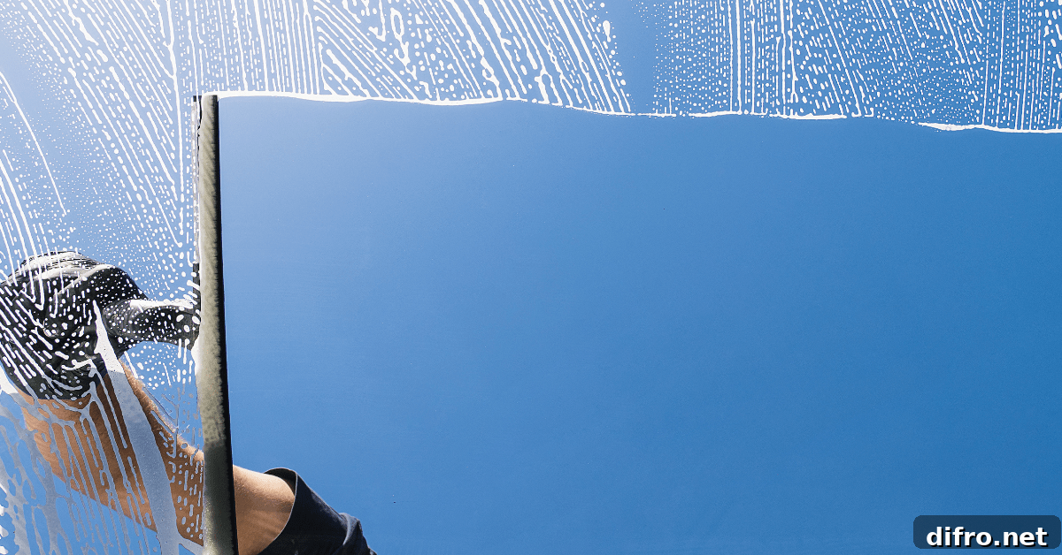 A window being cleaned with squeegee with a blue sky outside.
