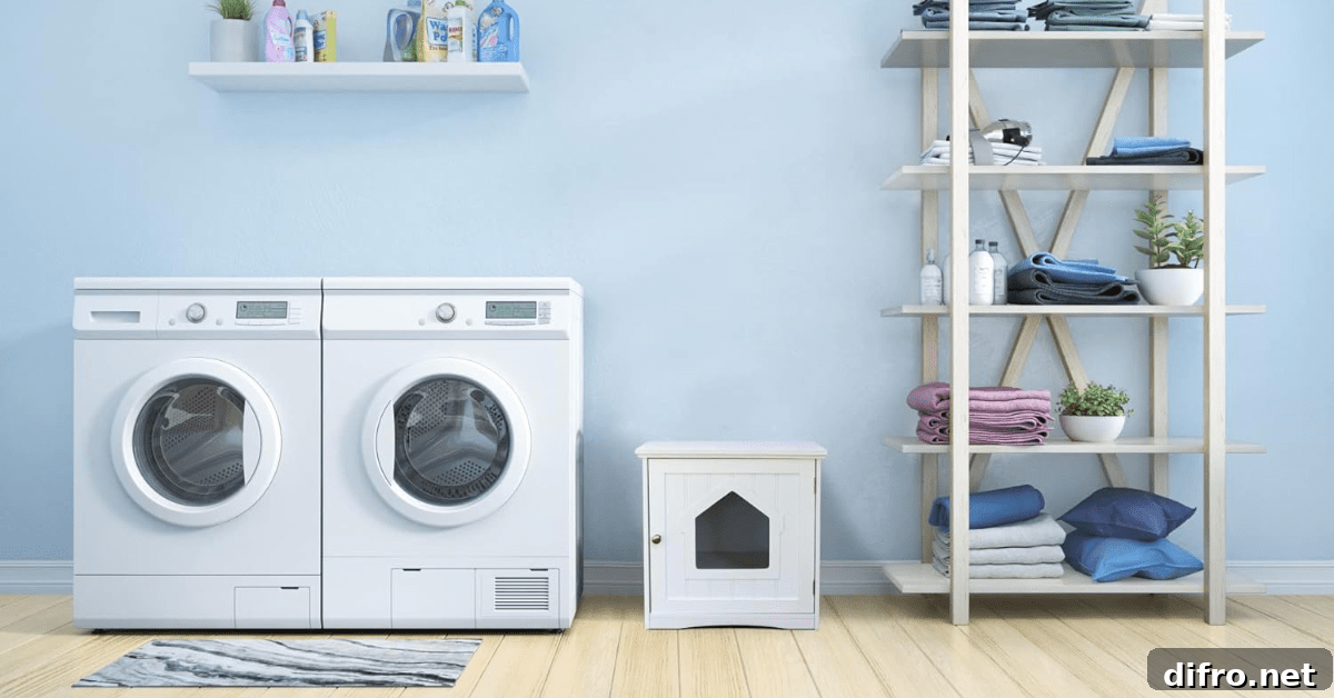 A laundry room with a small white cat litter box.