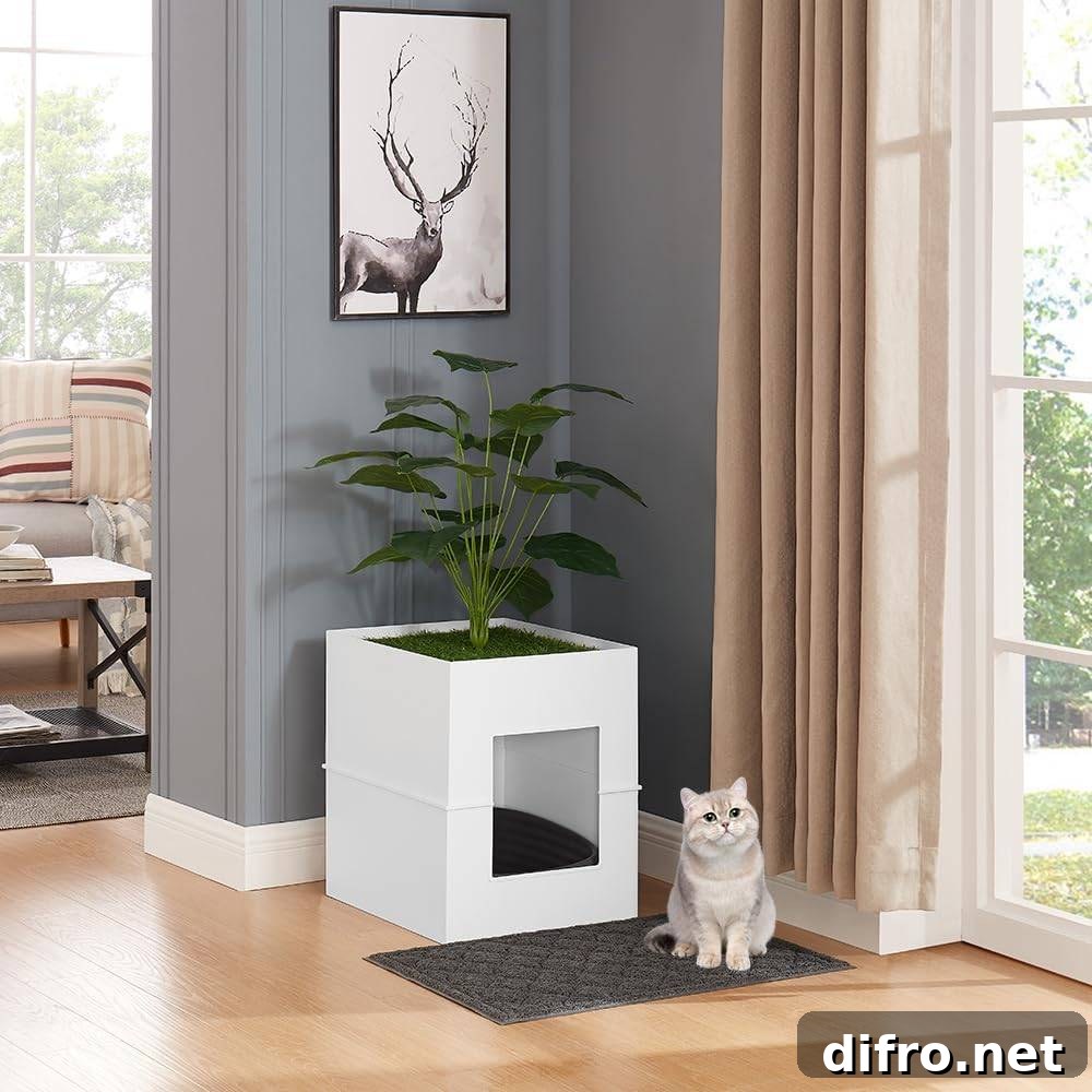 A square cat litter box in the corner.