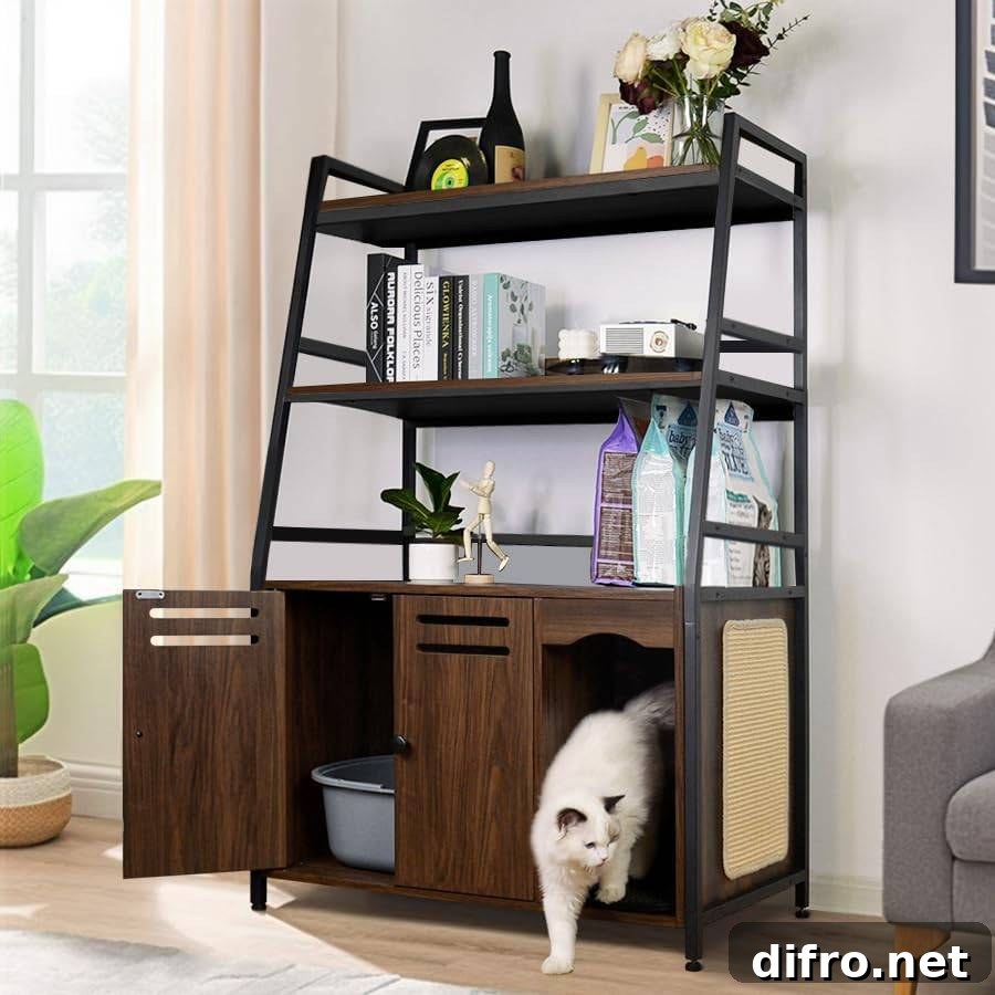 Large cabinet with hidden cat litter box inside of it.
