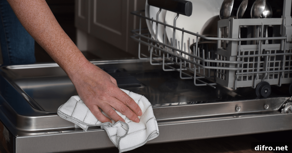 Wiping down a dishwasher with a cloth.