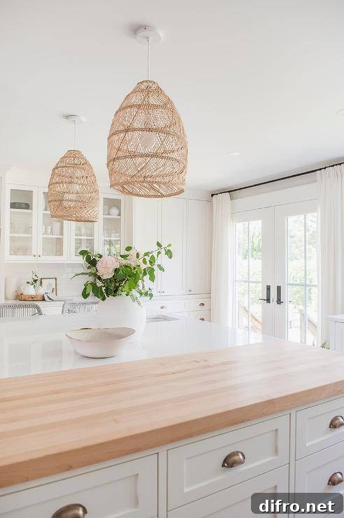 Wicker basket chandeliers illuminate a white kitchen island boasting drawers with brass cup pulls and a maple and quartz countertop.