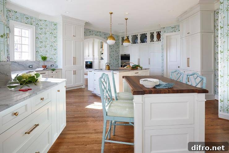 White and blue kitchen features blue and green wallpaper, a walnut top center island with sky blue bamboo counter stools decorated with green Greek key cushions, white cabinets with gray marble countertop and brass pulls and brass and white pendants over a second island.