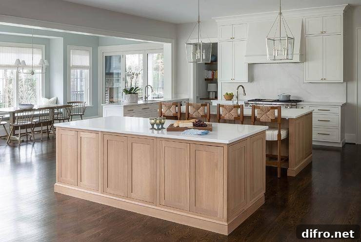 White and tan kitchen features dual tan wooden island, with one island matched with wood and abaca counter stools and nickel lanterns.