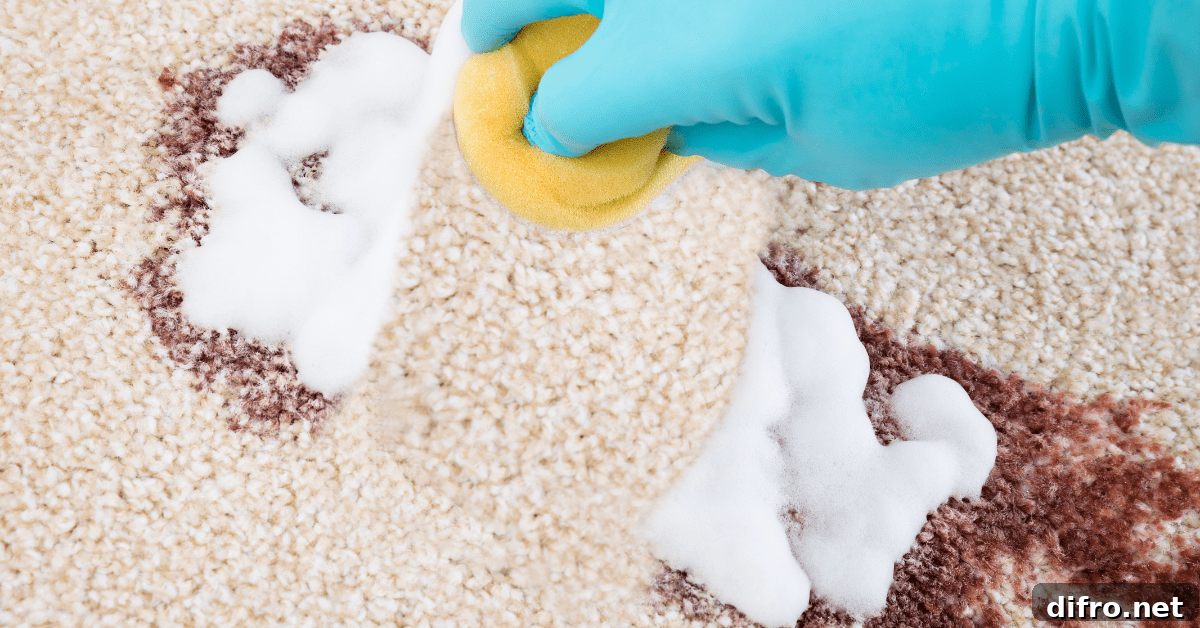 Scrubbing paint off carpet using sponge.