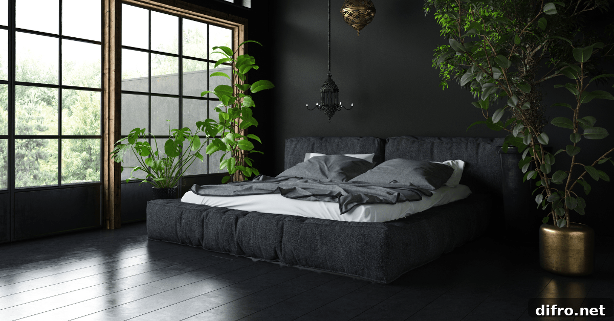 Black bedroom with plants and large window.