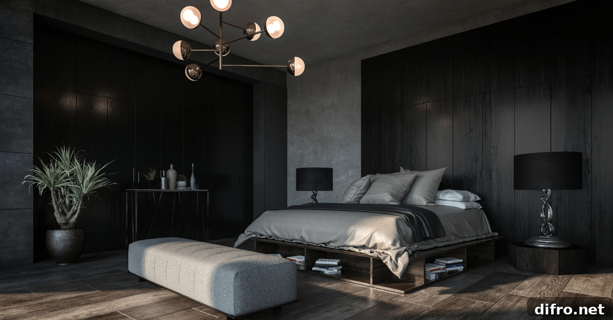 Modern black bedroom with dark furniture.