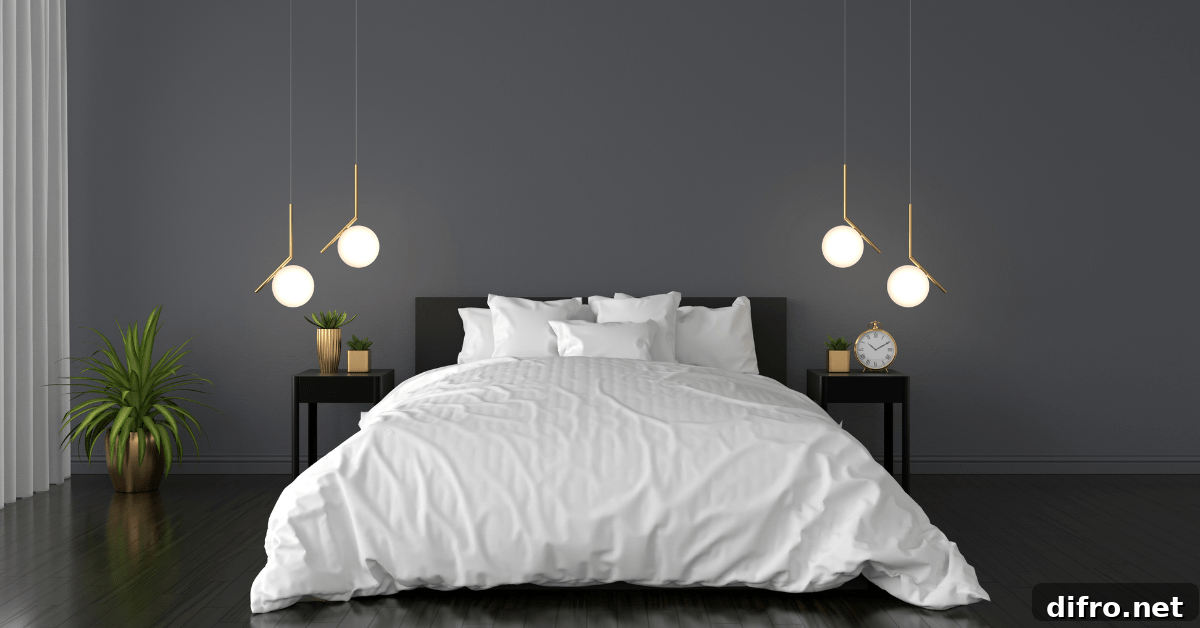 White bed in a black bedroom