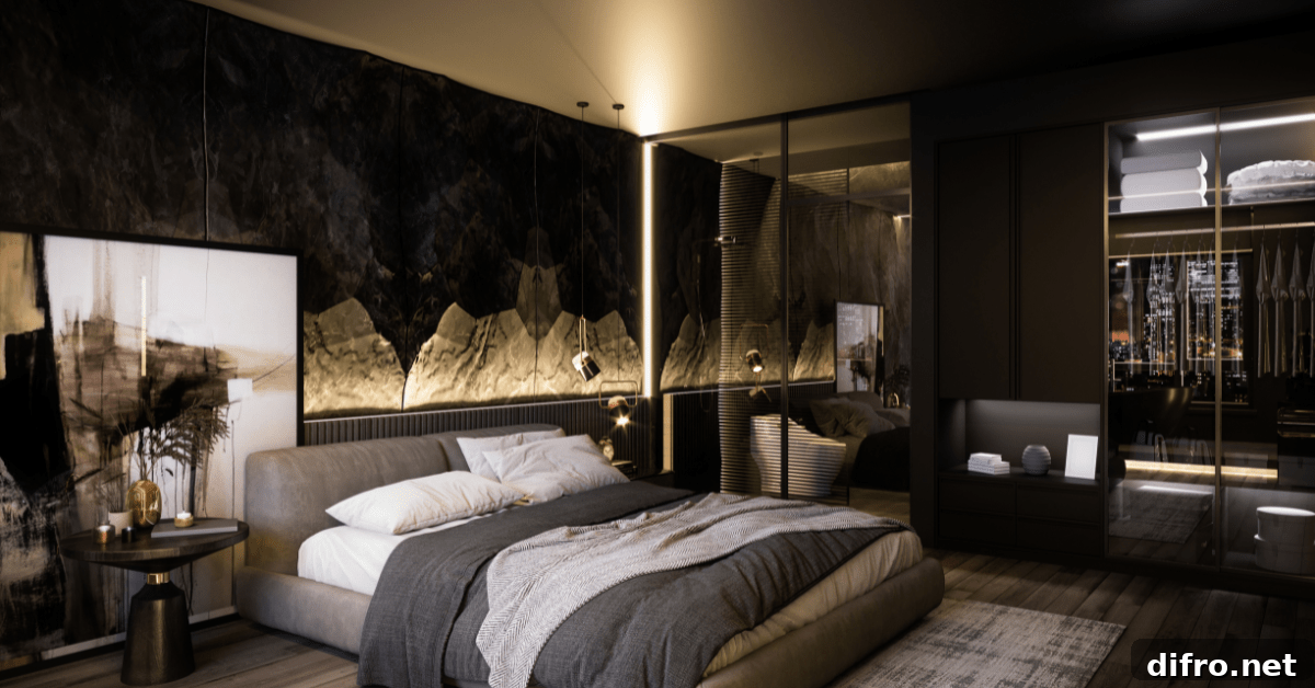 A modern black bedroom with a focal wall.