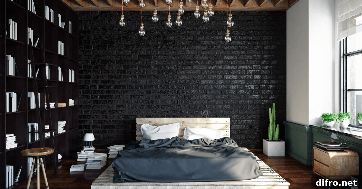 A black bedroom with a large bookcase and unique ceiling lights.