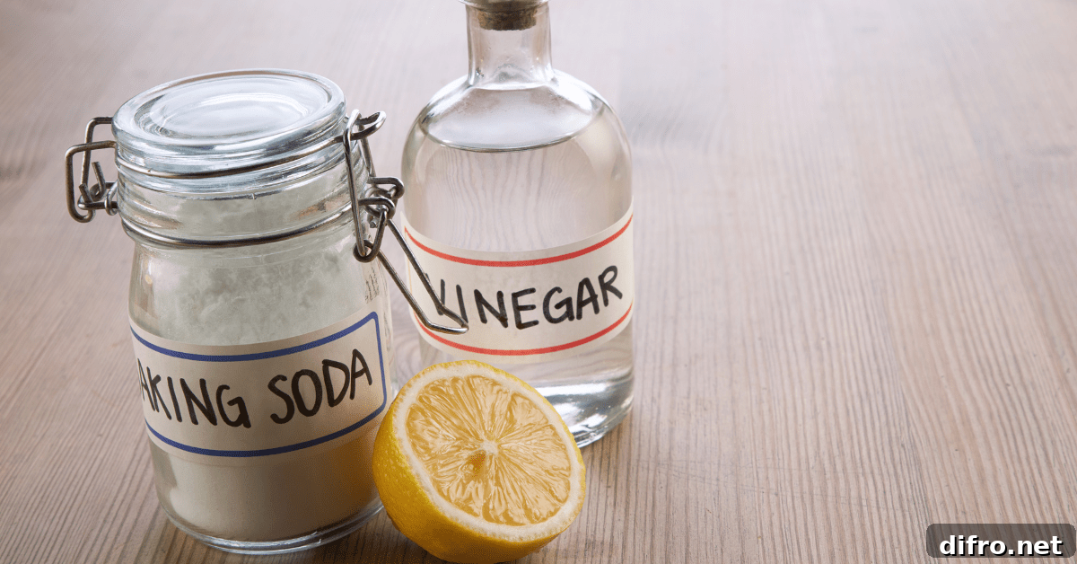 A jar of baking soda beside a glass bottle of vinegar.