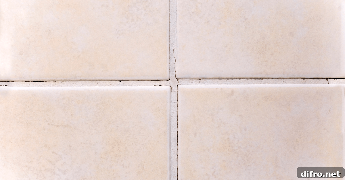 Closeup of tiles with cracked grout.