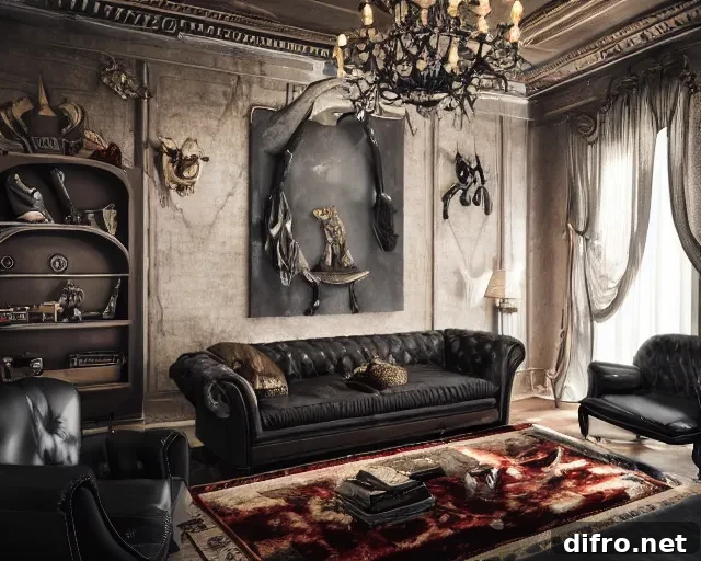 A bold mob-style living room with dark theme.