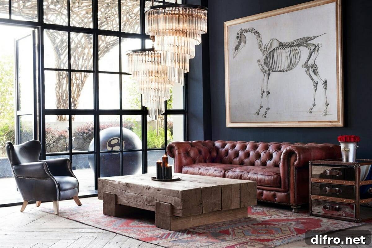 Vintage living room with two large chandeliers.