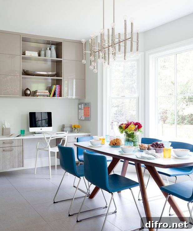 Built-in taupe floating desk in a kitchen space furnished with a mid-century dining table and blue dining chairs.