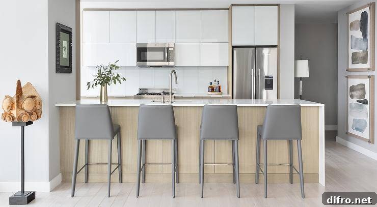 A brown veneer peninsula complemented with modern gray leather stools and a sink with a satin nickel gooseneck faucet.