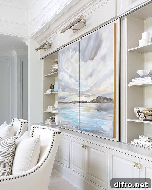 Living room design creatively and elegantly designed with subtle features but striking art. A light gray built-in cabinet displays brass knobs and a concealed TV accented with sliding art panels.