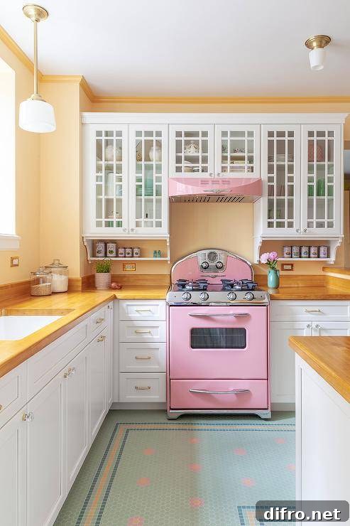 Northstar pink range with a pink retro hood finished with white glass front cabinets, blond wood countertops, and charming green and pink floor tiles in a lovely vintage kitchen.