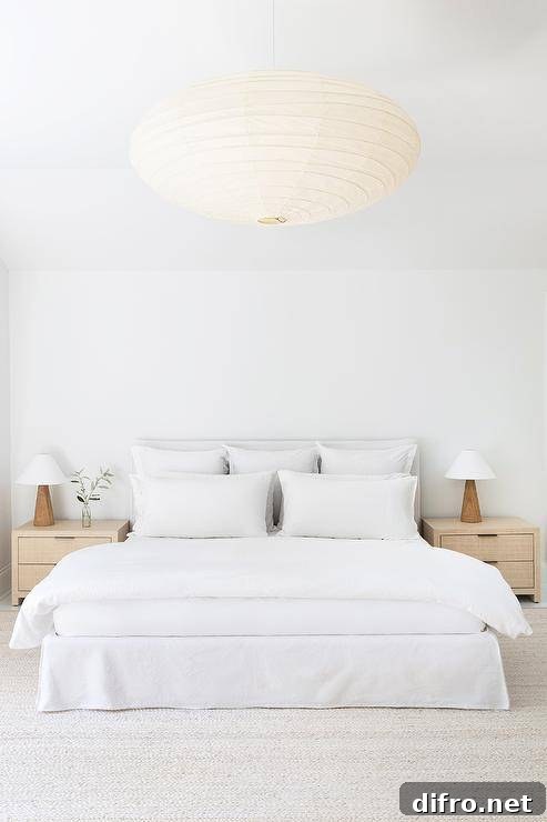 Minimalist bedroom features a white slipcovered bed accented with a white duvet and stacked white pillows and flanked by tan nightstands topped with wooden lamps. The room is illuminated by a paper chandelier.