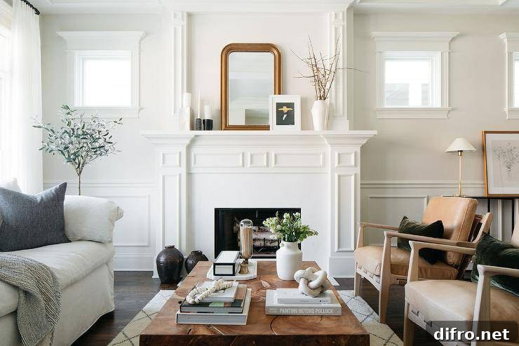 Welcoming living room boasts a white traditional fireplace styled with a gold beaded arch mirror. A burl wood coffee table sits between light brown leather chairs and a natural linen sofa.