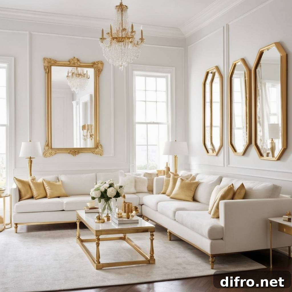White living room with gold decor accents.