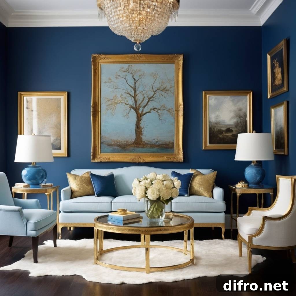 Blue living room with gold accents.