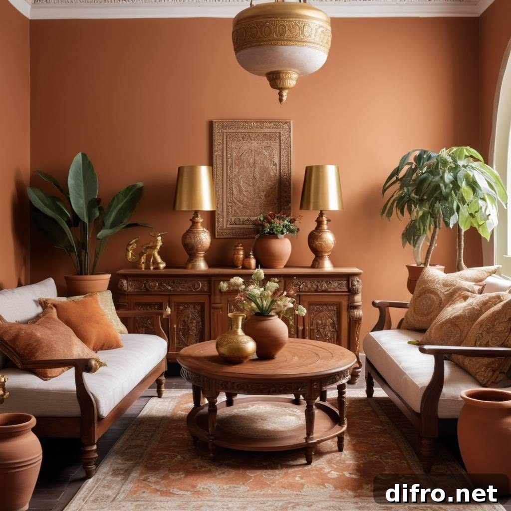 Brown living room with gold accents.
