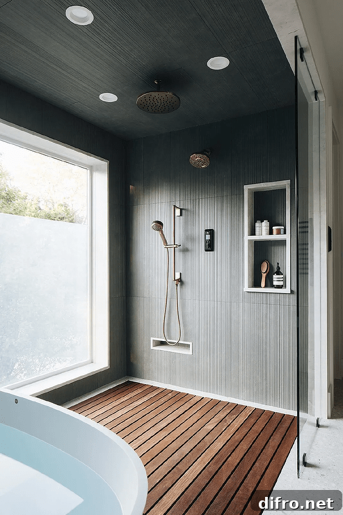 Large walk-in shower boasts a glass partition and a teak slatted floor, as black striped wall tiles frame stacked niches fixed beside a satin nickel shower kit under a black striped ceiling.