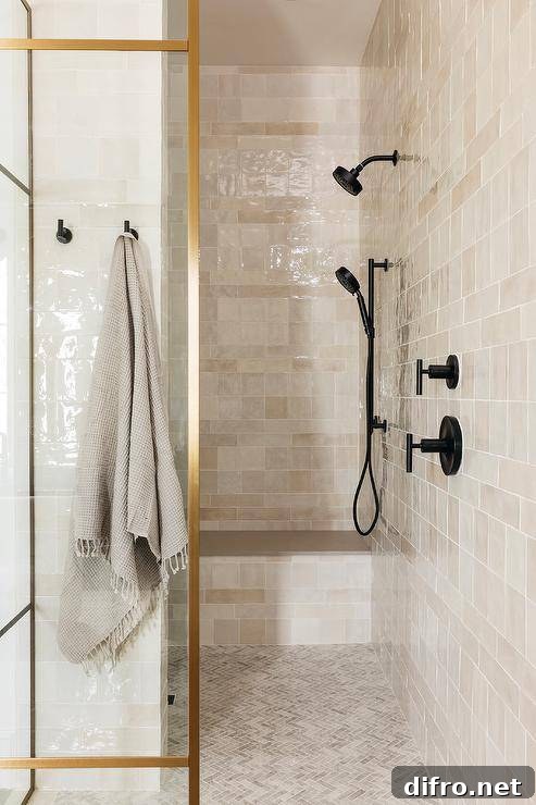 Shower features a matte black shower kit on beige glazed grid tiles with built in shower bench, gray marble mini herringbone shower floor tiles and a glass and brass shower partition.
