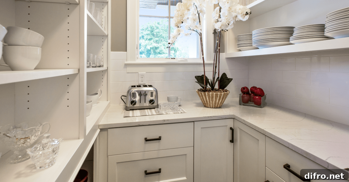 White walk in pantry with drawers and shelves.